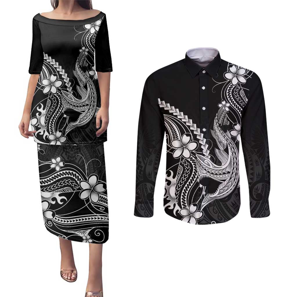 Black Aloha Hawaii Couples Matching Puletasi and Long Sleeve Button Shirt Polynesian Shark Tattoo With Plumeria - Polynesian Pride