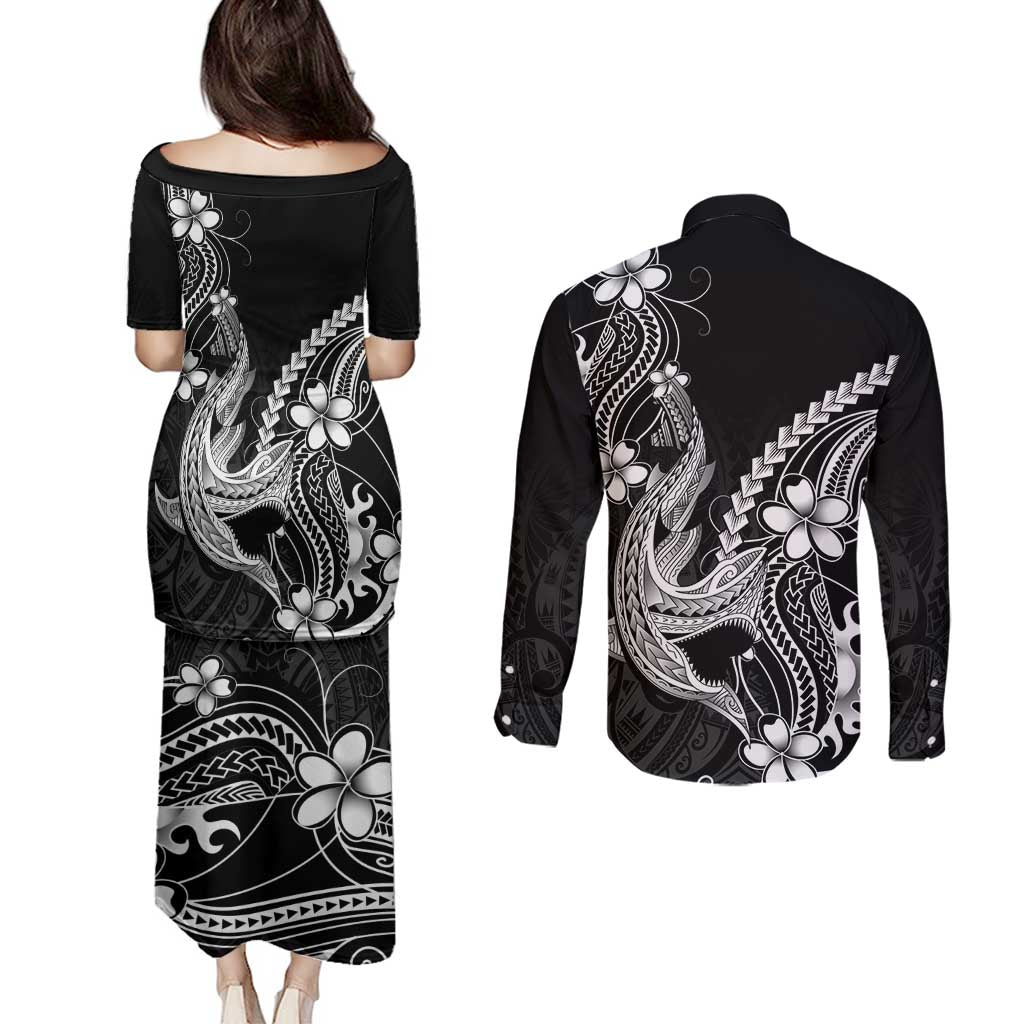 Black Aloha Hawaii Couples Matching Puletasi and Long Sleeve Button Shirt Polynesian Shark Tattoo With Plumeria - Polynesian Pride