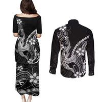 Black Aloha Hawaii Couples Matching Puletasi and Long Sleeve Button Shirt Polynesian Shark Tattoo With Plumeria - Polynesian Pride