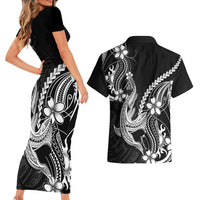Black Aloha Hawaii Couples Matching Short Sleeve Bodycon Dress and Hawaiian Shirt Polynesian Shark Tattoo With Plumeria - Polynesian Pride