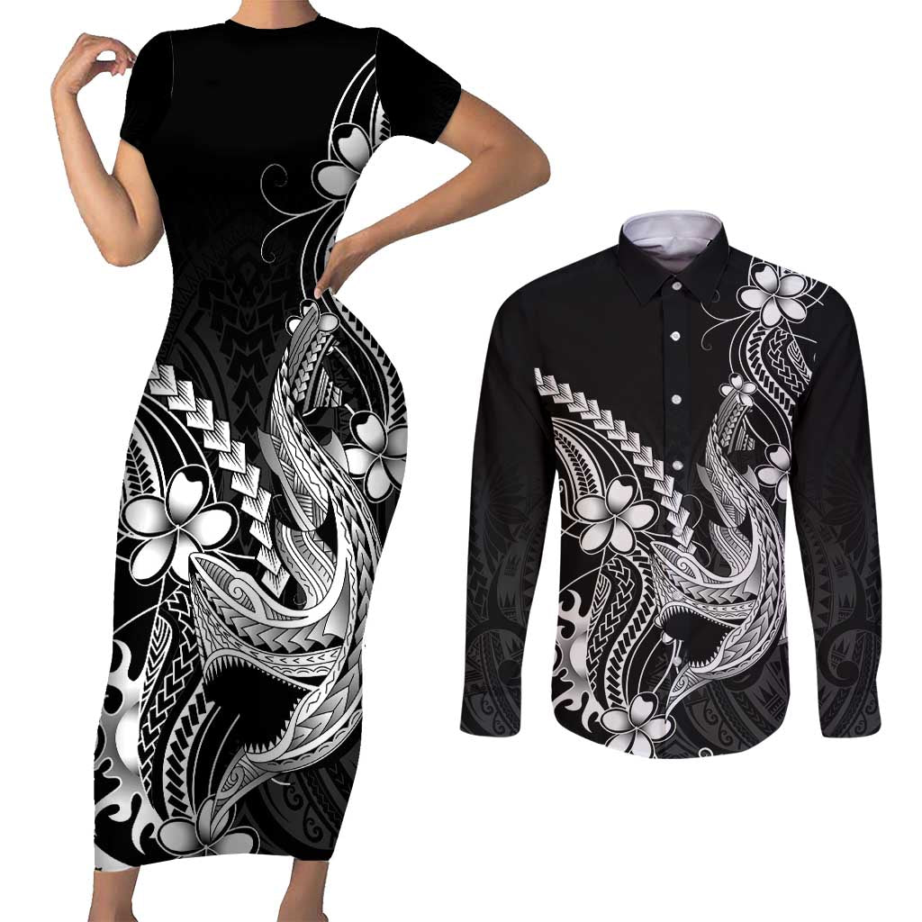 Black Aloha Hawaii Couples Matching Short Sleeve Bodycon Dress and Long Sleeve Button Shirt Polynesian Shark Tattoo With Plumeria - Polynesian Pride