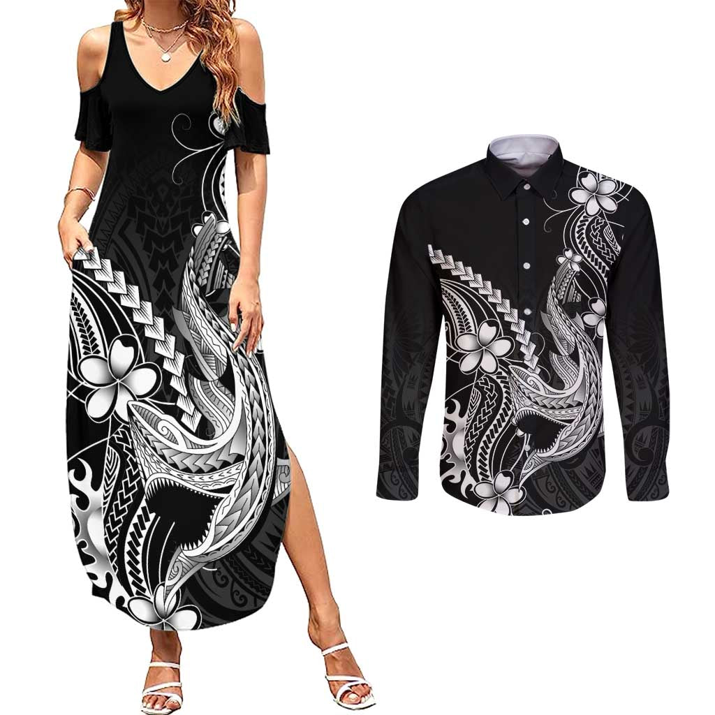 Black Aloha Hawaii Couples Matching Summer Maxi Dress and Long Sleeve Button Shirt Polynesian Shark Tattoo With Plumeria - Polynesian Pride