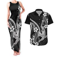 Black Aloha Hawaii Couples Matching Tank Maxi Dress and Hawaiian Shirt Polynesian Shark Tattoo With Plumeria - Polynesian Pride