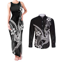 Black Aloha Hawaii Couples Matching Tank Maxi Dress and Long Sleeve Button Shirt Polynesian Shark Tattoo With Plumeria - Polynesian Pride