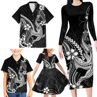 Black Aloha Hawaii Family Matching Long Sleeve Bodycon Dress and Hawaiian Shirt Polynesian Shark Tattoo With Plumeria - Polynesian Pride
