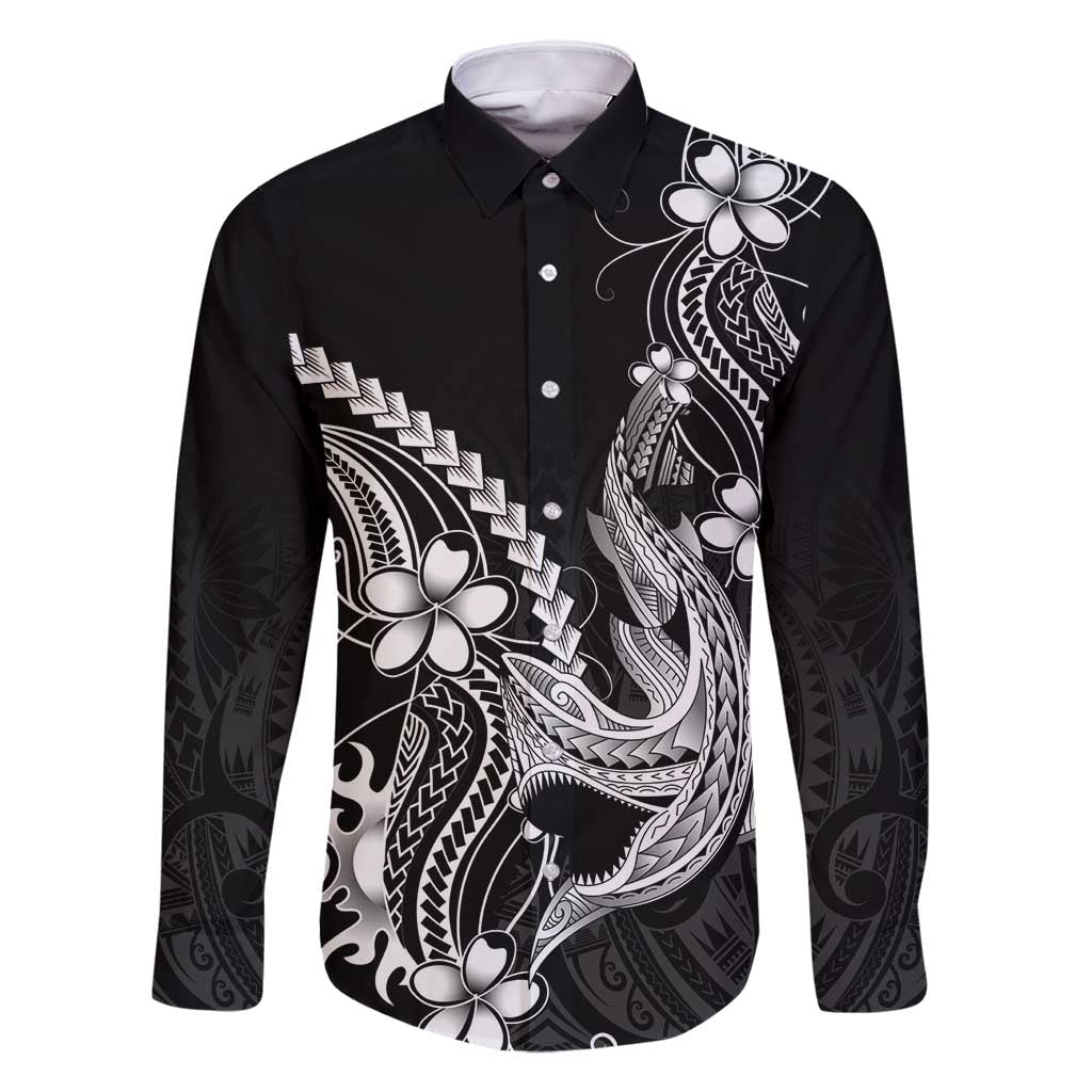 Black Aloha Hawaii Family Matching Long Sleeve Bodycon Dress and Hawaiian Shirt Polynesian Shark Tattoo With Plumeria - Polynesian Pride