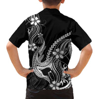 Black Aloha Hawaii Family Matching Off The Shoulder Long Sleeve Dress and Hawaiian Shirt Polynesian Shark Tattoo With Plumeria - Polynesian Pride