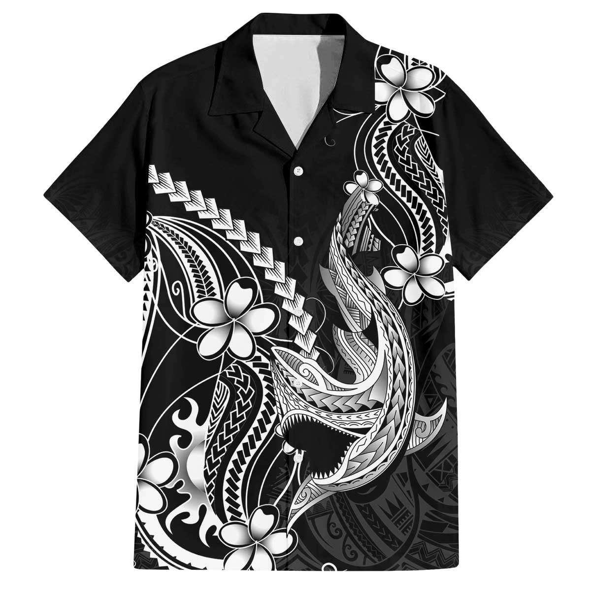 Black Aloha Hawaii Family Matching Off The Shoulder Long Sleeve Dress and Hawaiian Shirt Polynesian Shark Tattoo With Plumeria - Polynesian Pride