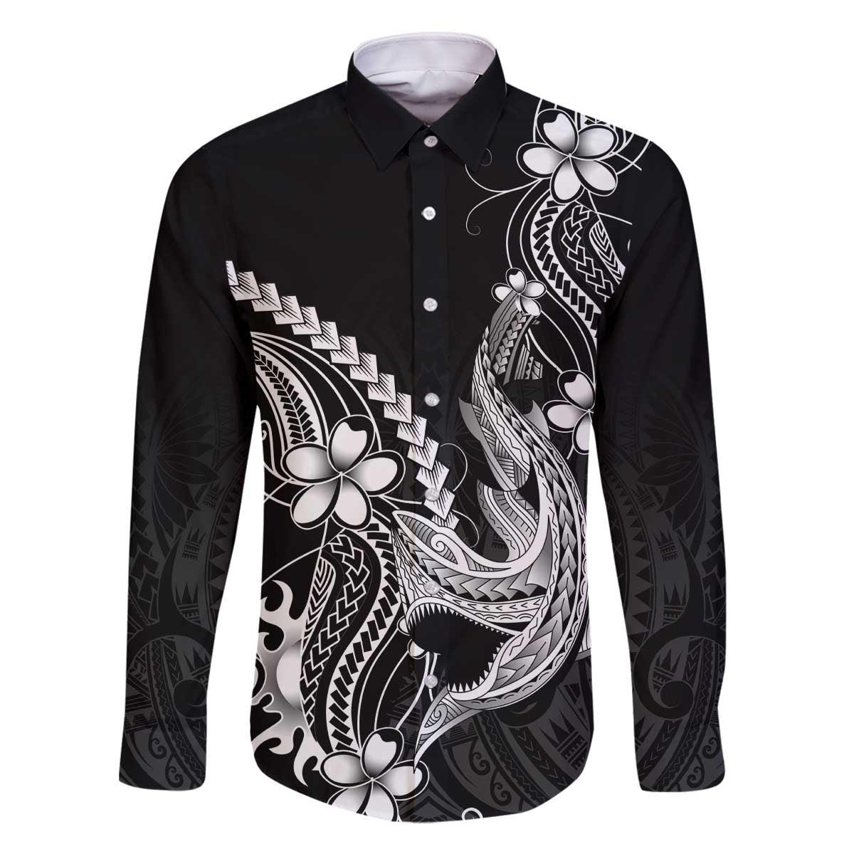 Black Aloha Hawaii Family Matching Off The Shoulder Long Sleeve Dress and Hawaiian Shirt Polynesian Shark Tattoo With Plumeria - Polynesian Pride
