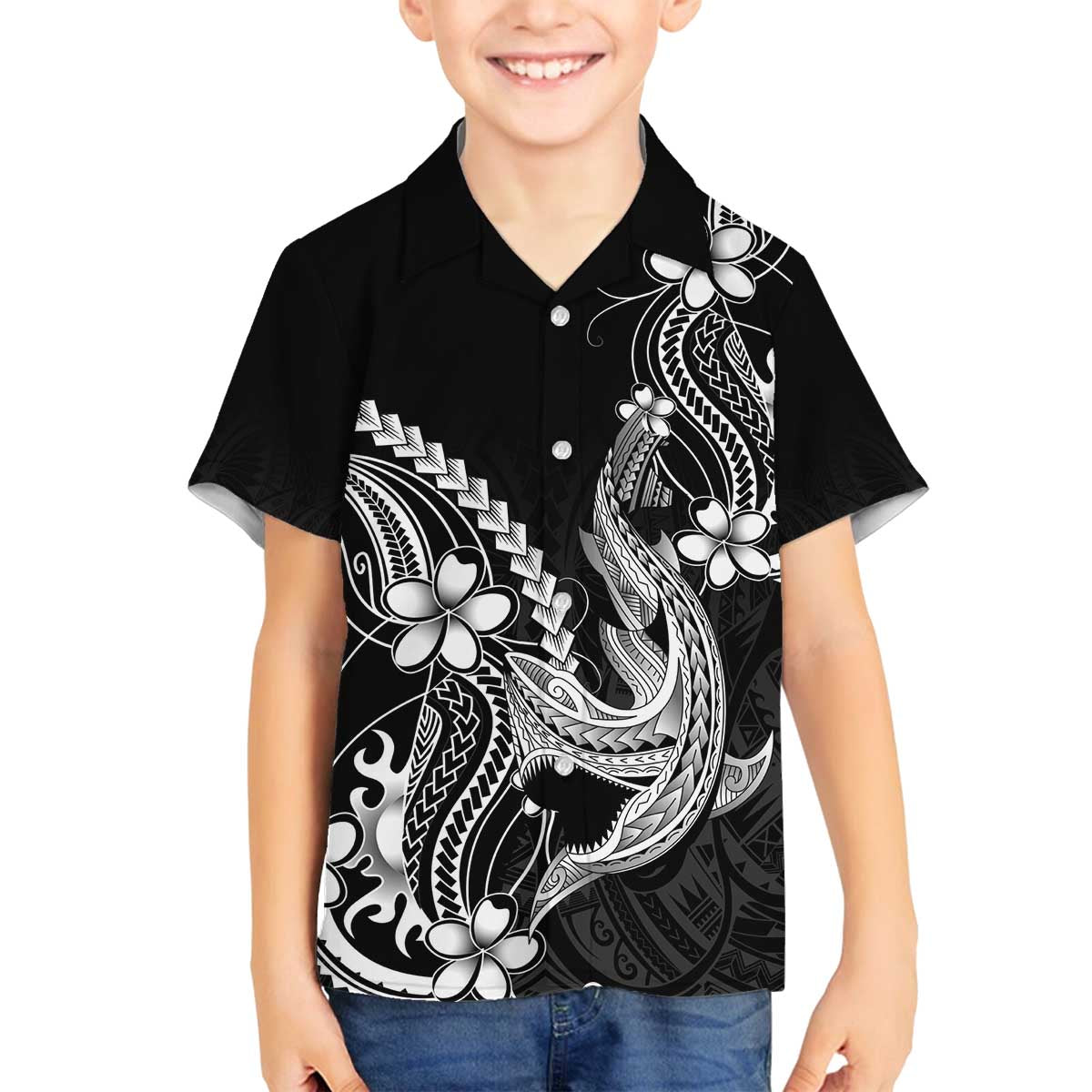 Black Aloha Hawaii Family Matching Off The Shoulder Long Sleeve Dress and Hawaiian Shirt Polynesian Shark Tattoo With Plumeria - Polynesian Pride