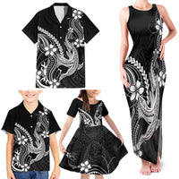 Black Aloha Hawaii Family Matching Tank Maxi Dress and Hawaiian Shirt Polynesian Shark Tattoo With Plumeria - Polynesian Pride