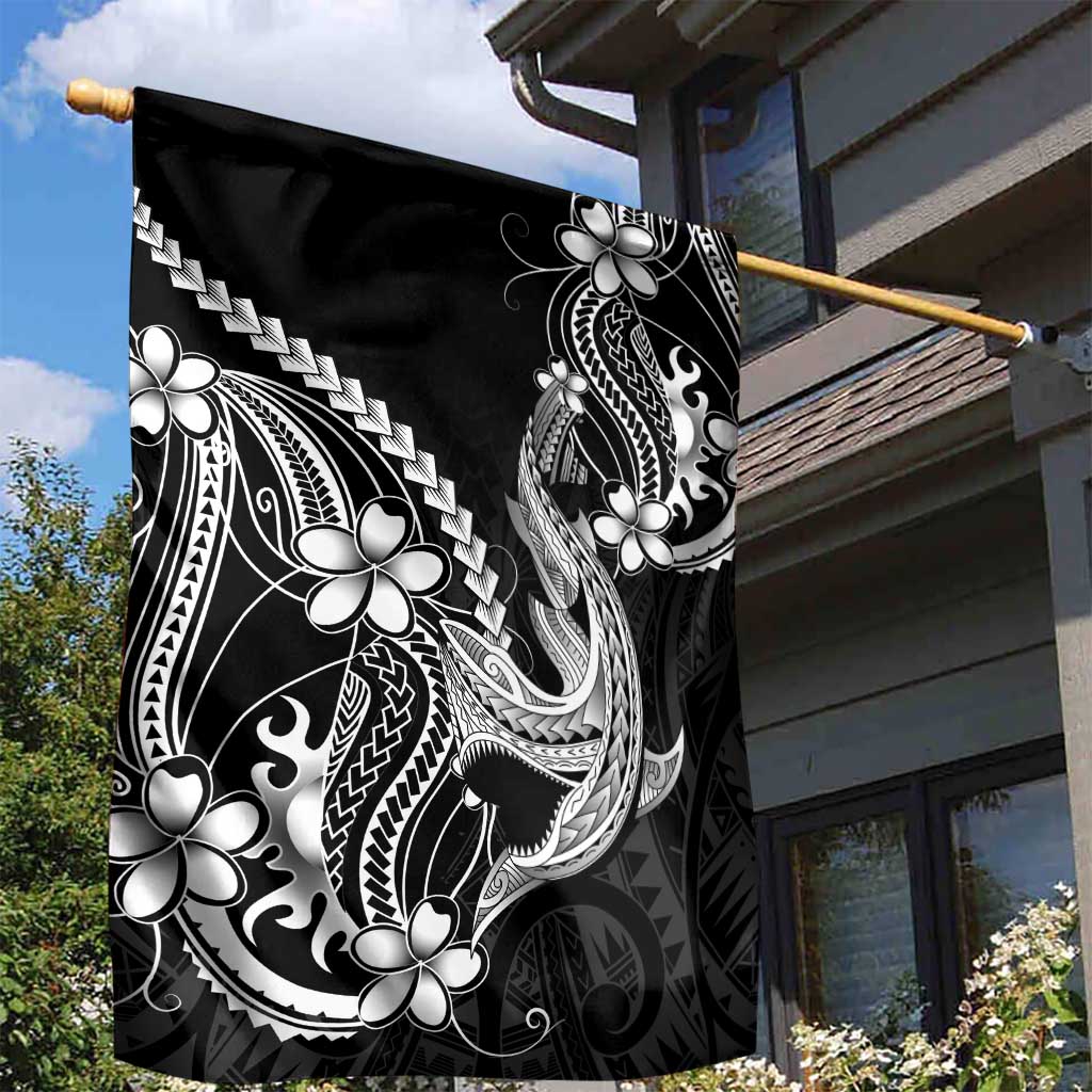 Black Aloha Hawaii Garden Flag Polynesian Shark Tattoo With Plumeria - Polynesian Pride