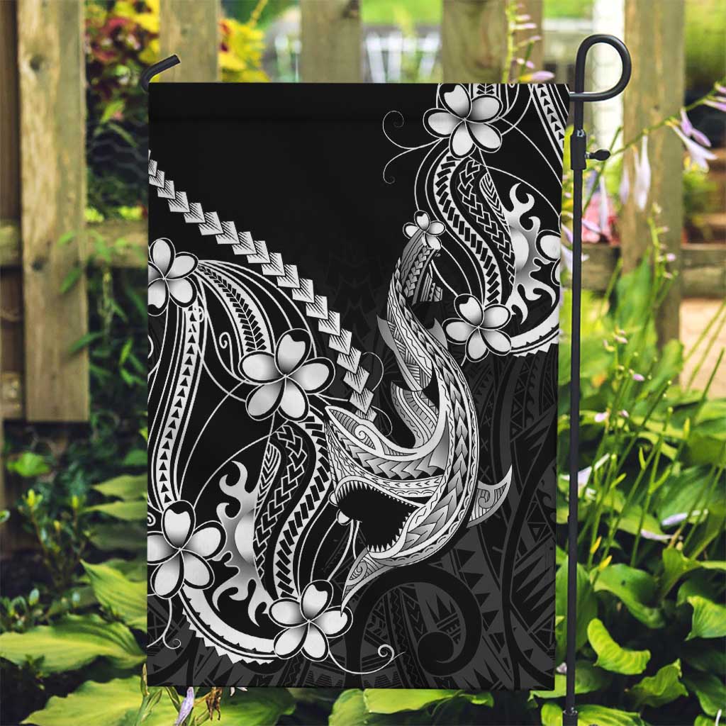 Black Aloha Hawaii Garden Flag Polynesian Shark Tattoo With Plumeria - Polynesian Pride