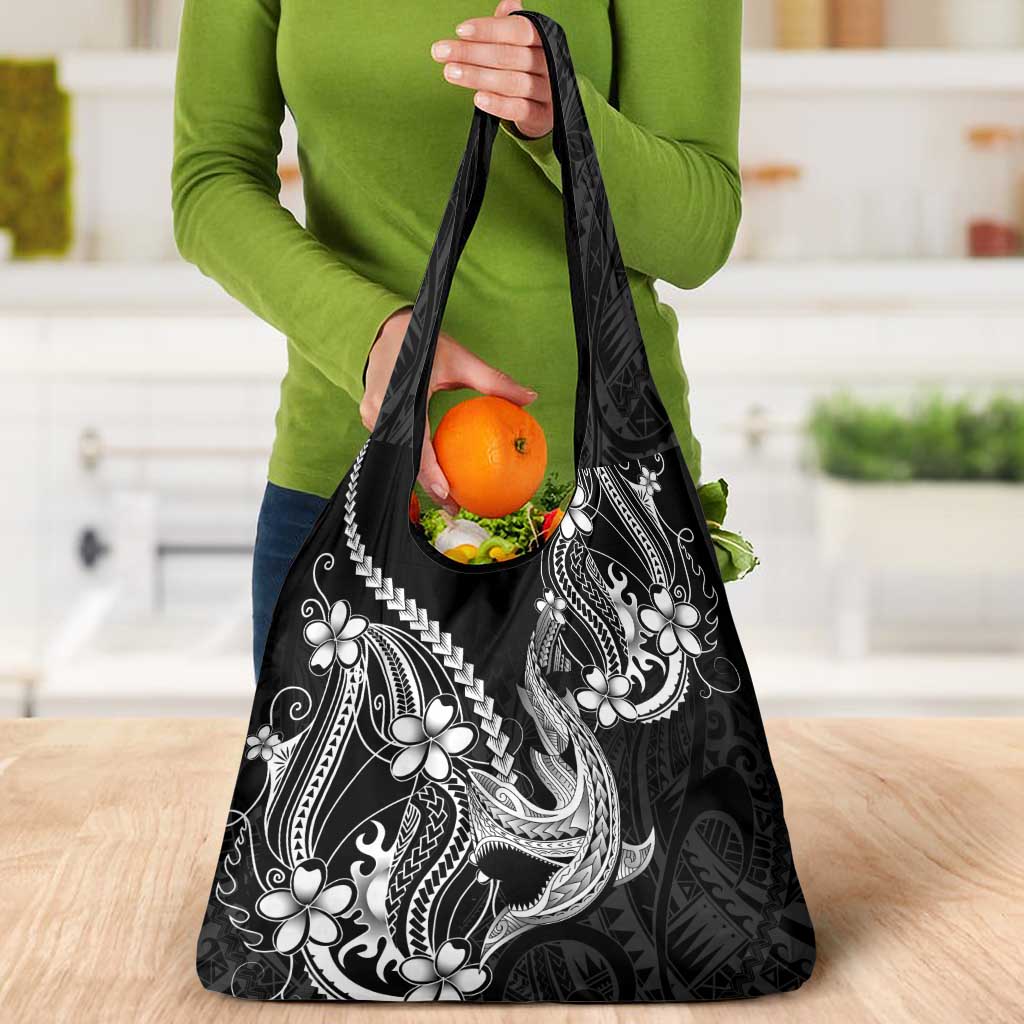 Black Aloha Hawaii Grocery Bag Polynesian Shark Tattoo With Plumeria - Polynesian Pride
