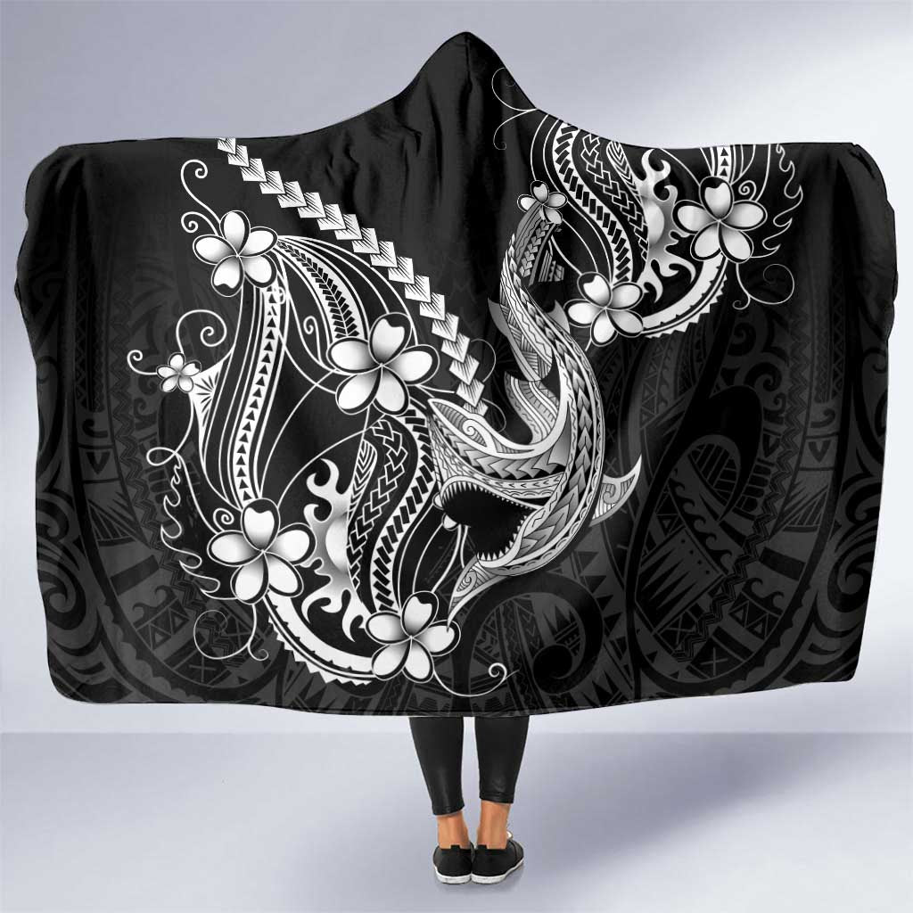 Black Aloha Hawaii Hooded Blanket Polynesian Shark Tattoo With Plumeria - Polynesian Pride