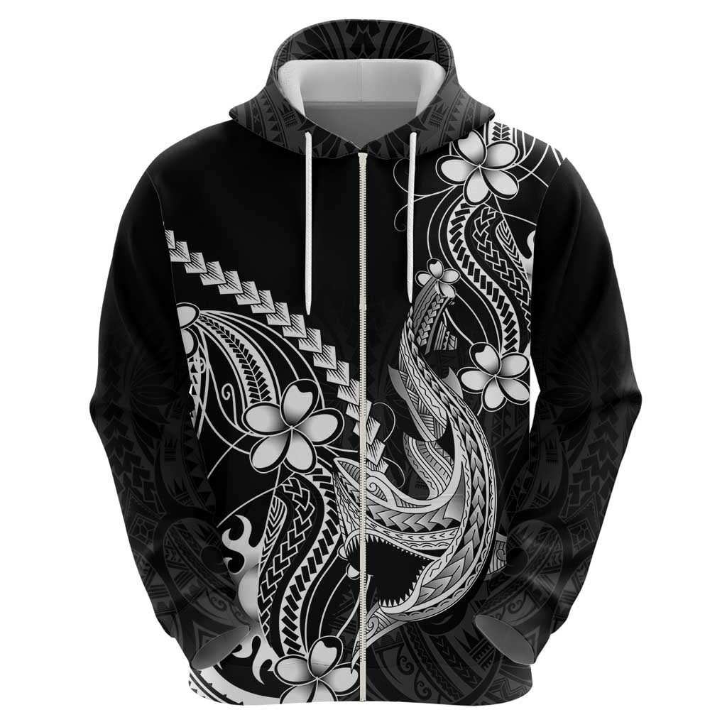 Black Aloha Hawaii Hoodie Polynesian Shark Tattoo With Plumeria - Polynesian Pride