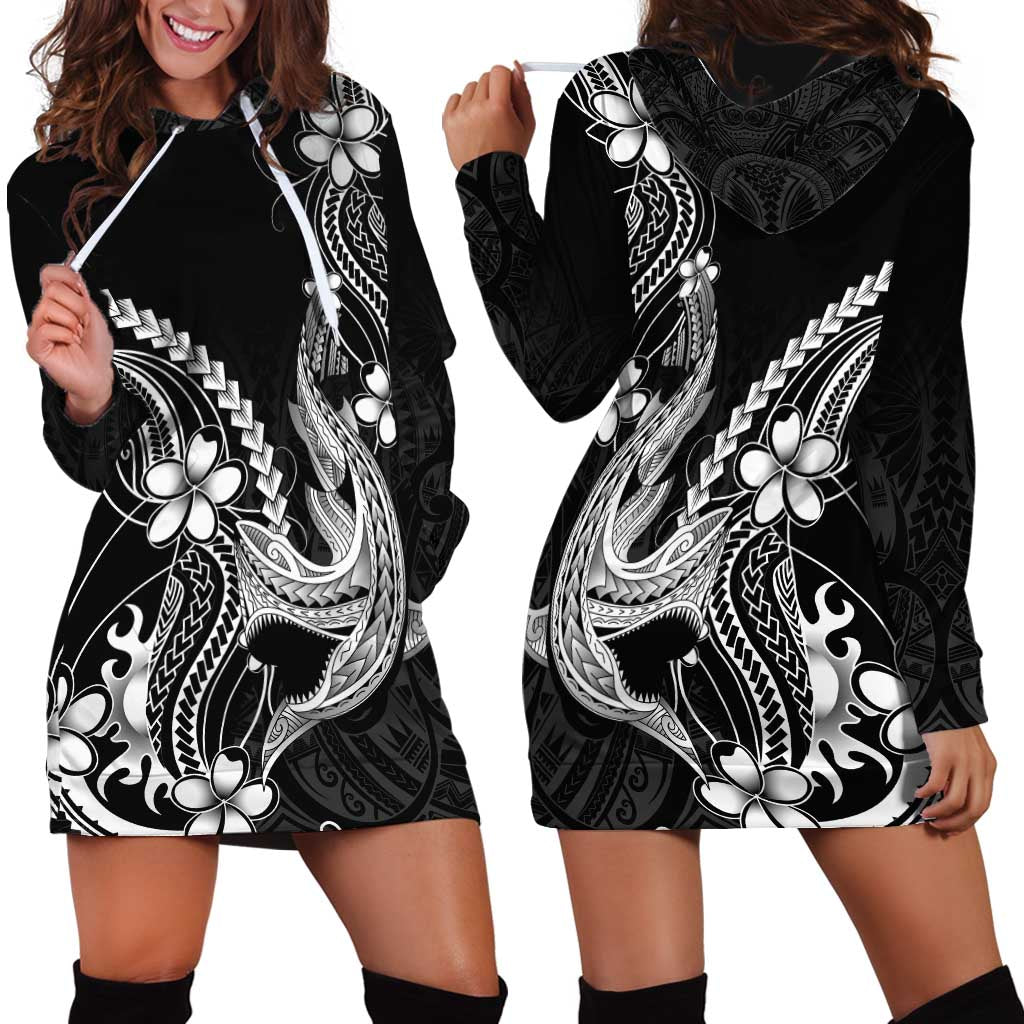 Black Aloha Hawaii Hoodie Dress Polynesian Shark Tattoo With Plumeria - Polynesian Pride