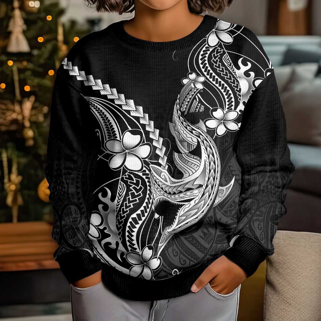 Black Aloha Hawaii Kid Ugly Christmas Sweater Polynesian Shark Tattoo With Plumeria - Polynesian Pride
