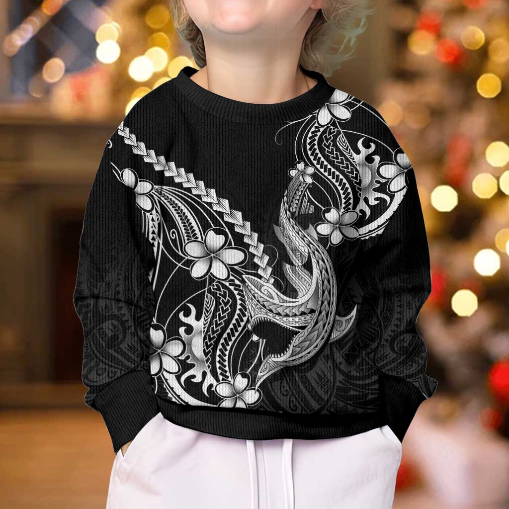 Black Aloha Hawaii Kid Ugly Christmas Sweater Polynesian Shark Tattoo With Plumeria - Polynesian Pride