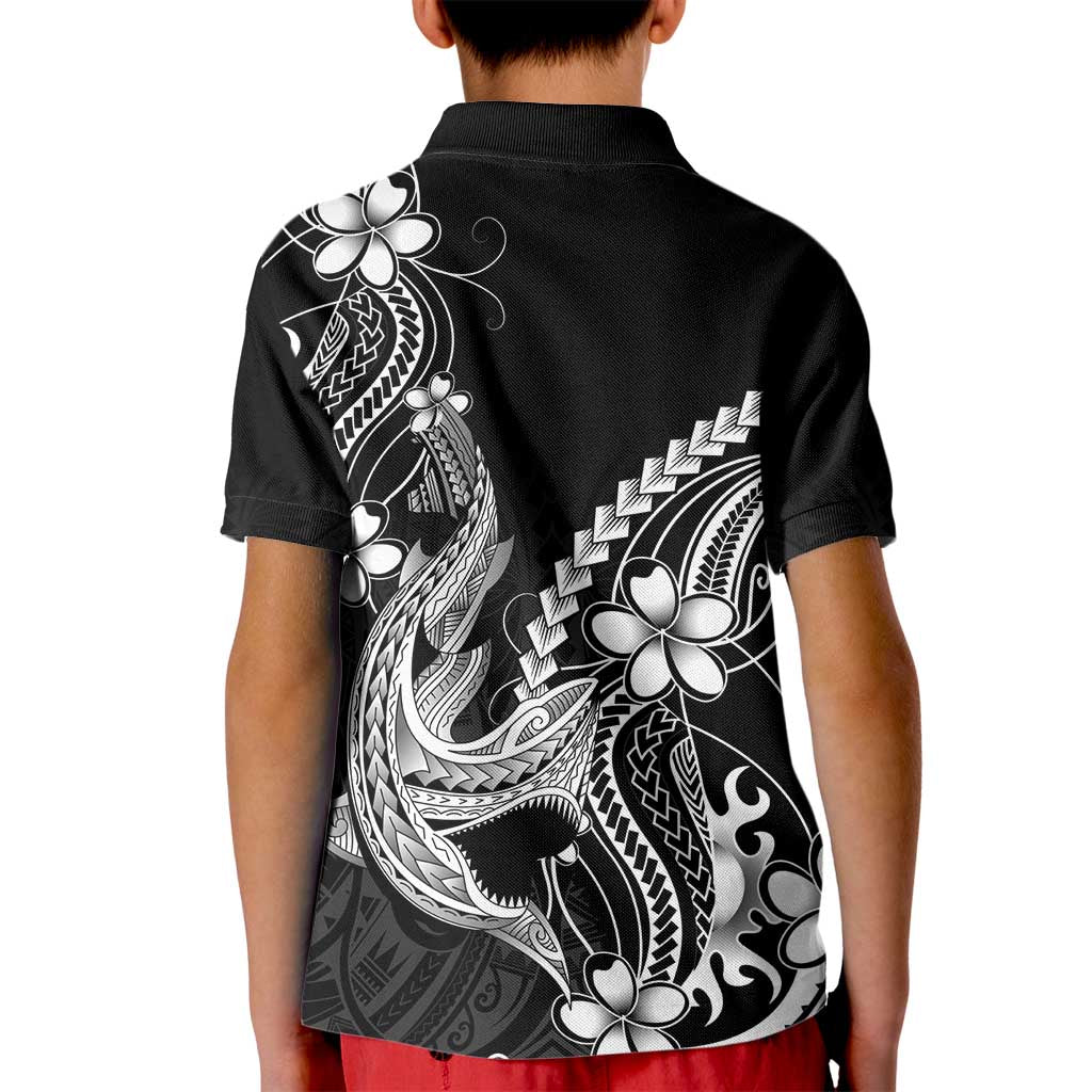 Black Aloha Hawaii Kid Polo Shirt Polynesian Shark Tattoo With Plumeria - Polynesian Pride