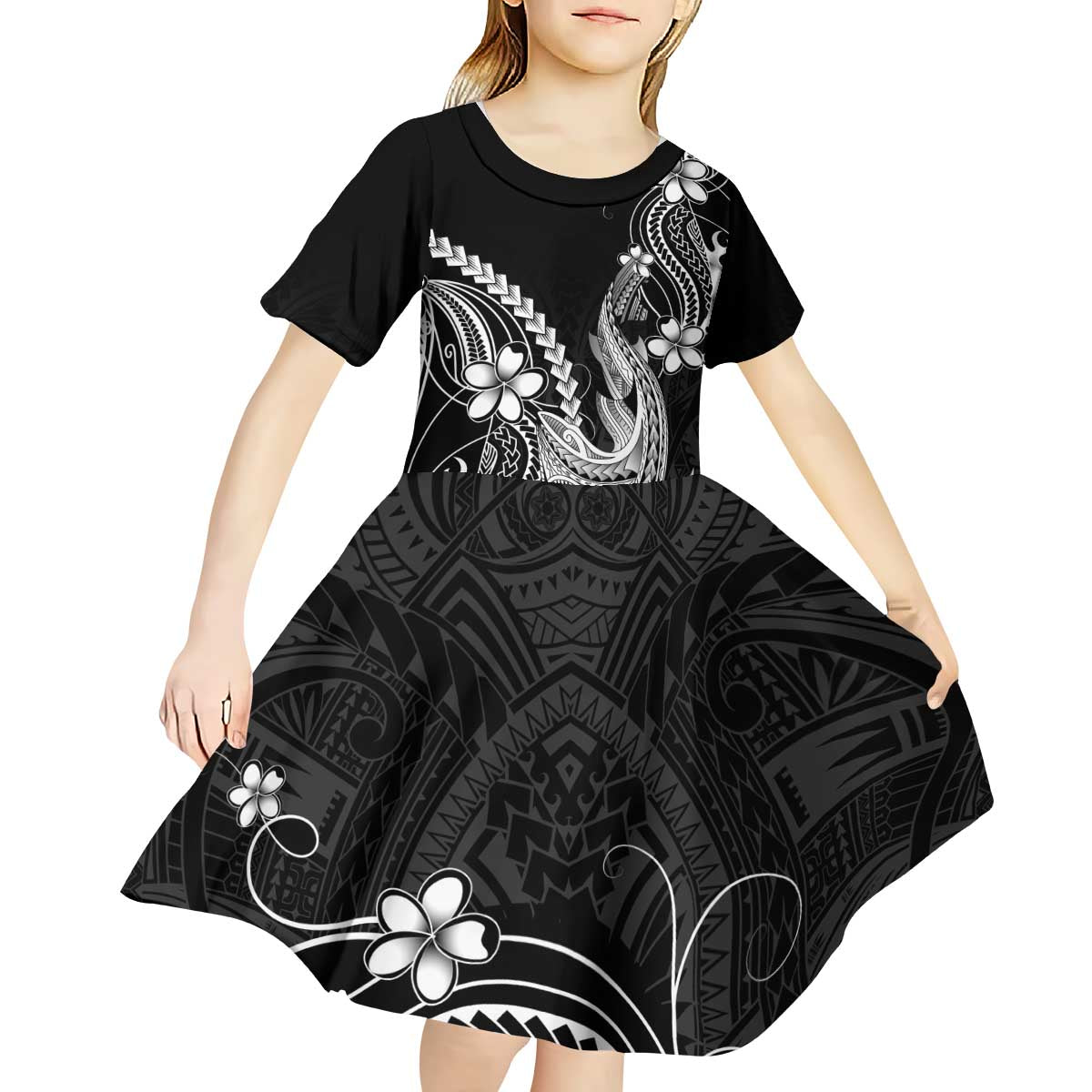 Black Aloha Hawaii Kid Short Sleeve Dress Polynesian Shark Tattoo With Plumeria - Polynesian Pride