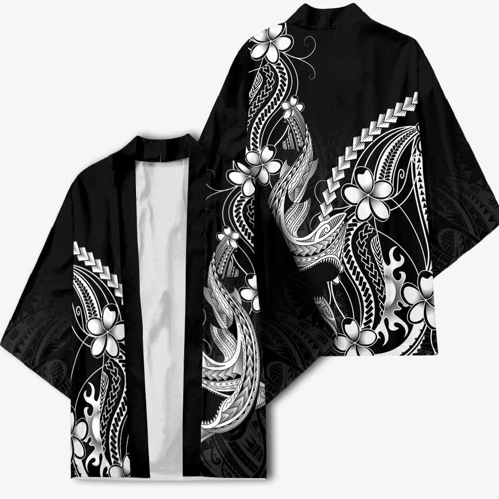 Black Aloha Hawaii Kimono Polynesian Shark Tattoo With Plumeria - Polynesian Pride