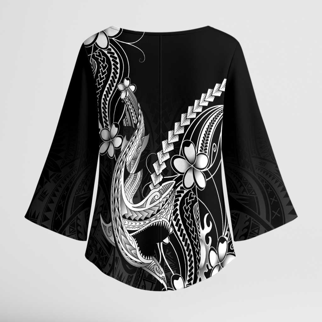 Black Aloha Hawaii Kimono Sleeve Blouse Polynesian Shark Tattoo With Plumeria - Polynesian Pride