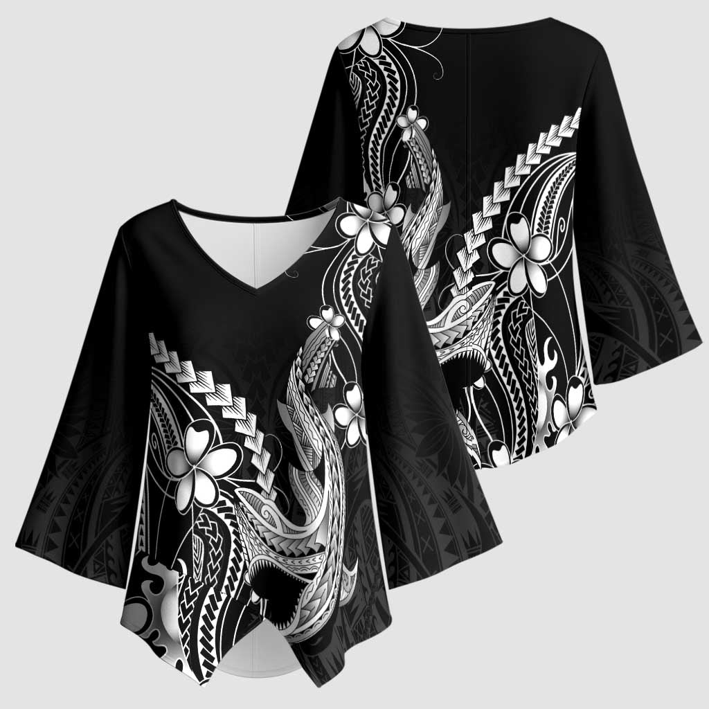 Black Aloha Hawaii Kimono Sleeve Blouse Polynesian Shark Tattoo With Plumeria - Polynesian Pride