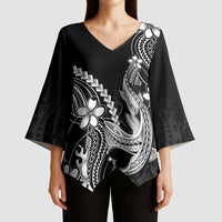 Black Aloha Hawaii Kimono Sleeve Blouse Polynesian Shark Tattoo With Plumeria - Polynesian Pride