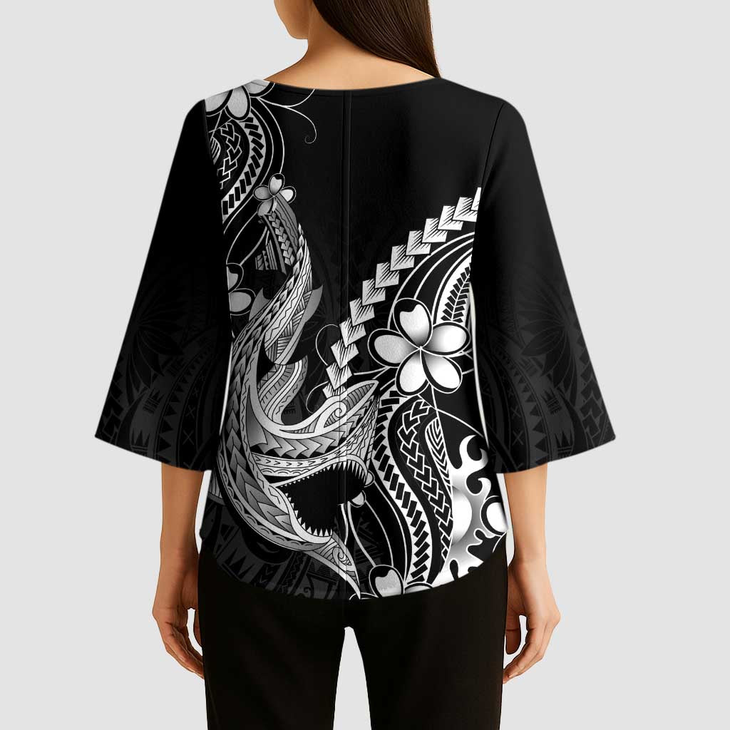 Black Aloha Hawaii Kimono Sleeve Blouse Polynesian Shark Tattoo With Plumeria - Polynesian Pride