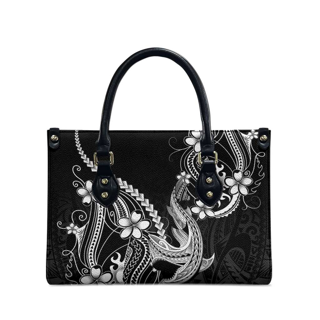Black Aloha Hawaii Leather Bag Polynesian Shark Tattoo With Plumeria - Polynesian Pride
