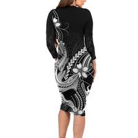 Black Aloha Hawaii Long Sleeve Bodycon Dress Polynesian Shark Tattoo With Plumeria - Polynesian Pride