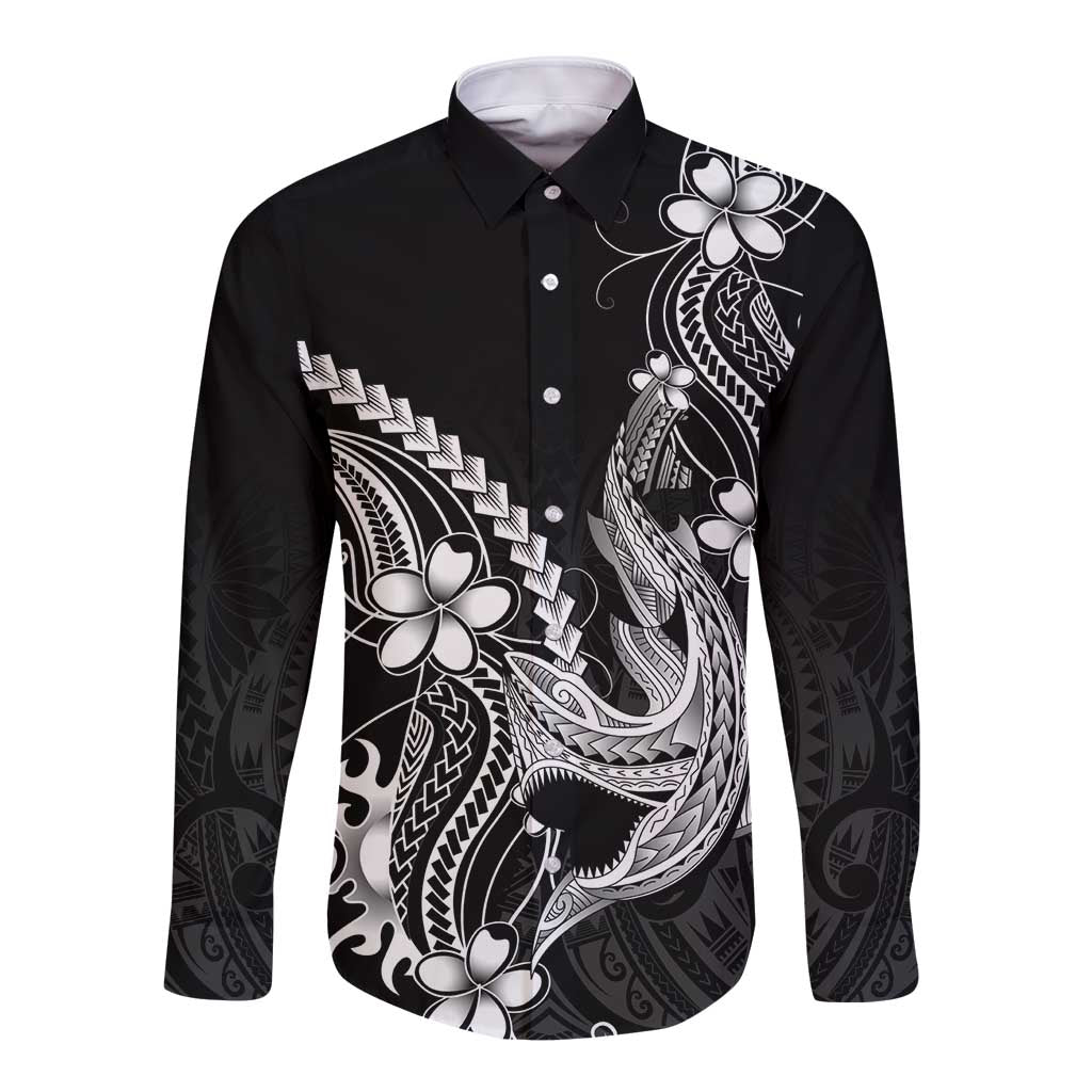 Black Aloha Hawaii Long Sleeve Button Shirt Polynesian Shark Tattoo With Plumeria - Polynesian Pride