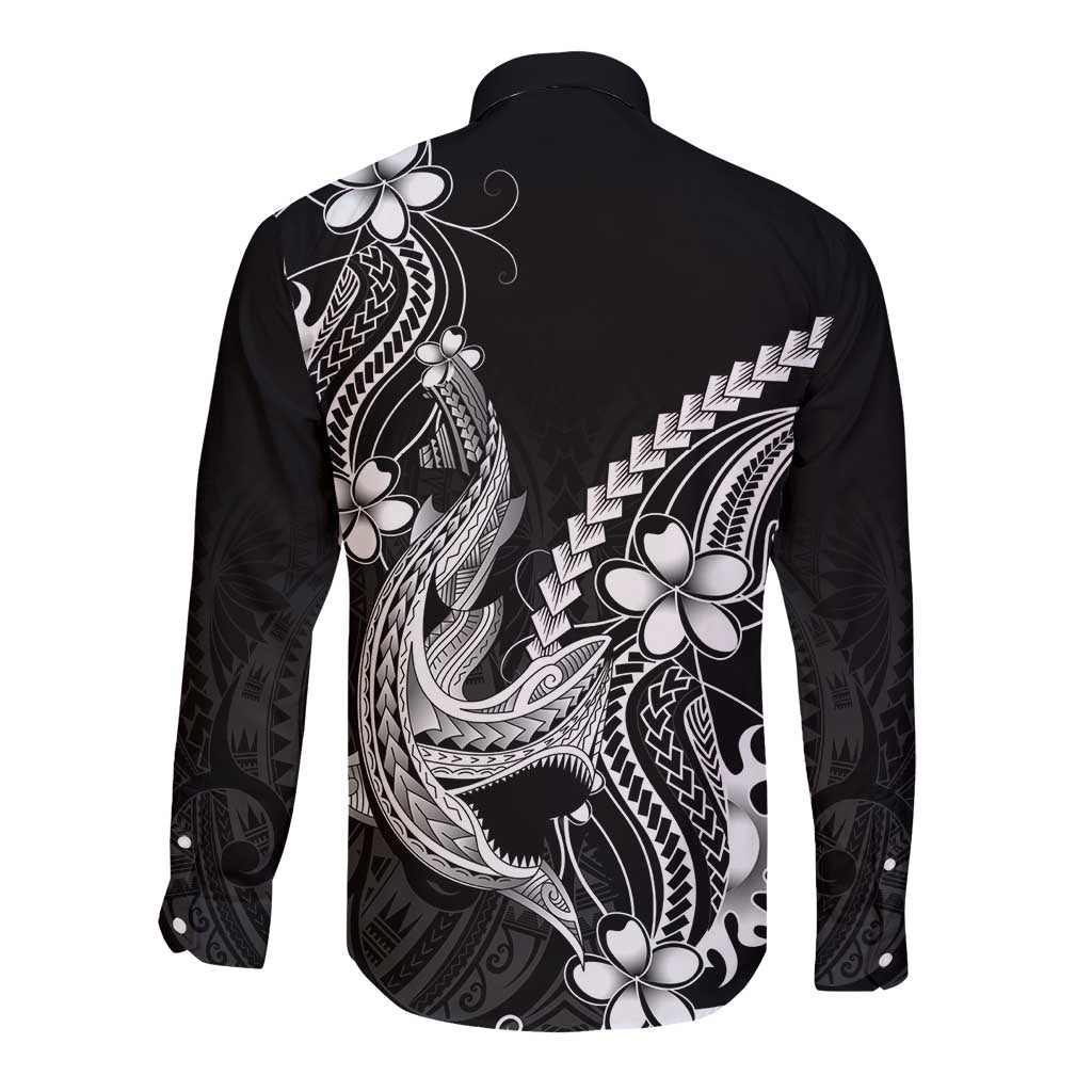 Black Aloha Hawaii Long Sleeve Button Shirt Polynesian Shark Tattoo With Plumeria - Polynesian Pride
