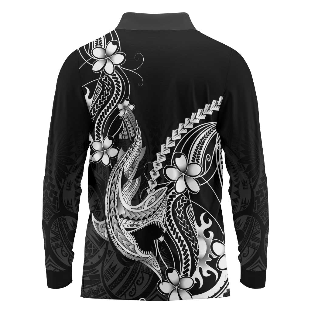Black Aloha Hawaii Long Sleeve Polo Shirt Polynesian Shark Tattoo With Plumeria - Polynesian Pride