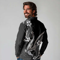 Black Aloha Hawaii Long Sleeve Polo Shirt Polynesian Shark Tattoo With Plumeria - Polynesian Pride