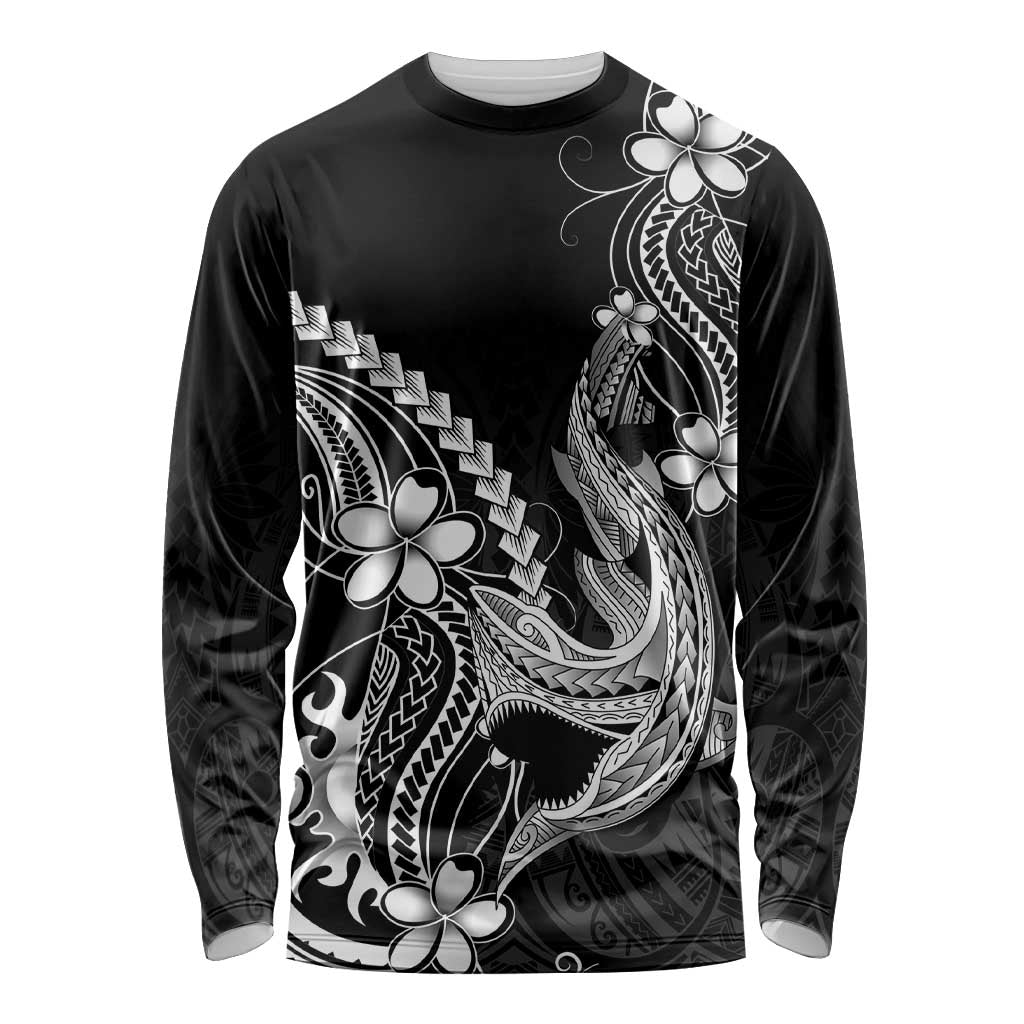 Black Aloha Hawaii Long Sleeve Shirt Polynesian Shark Tattoo With Plumeria - Polynesian Pride