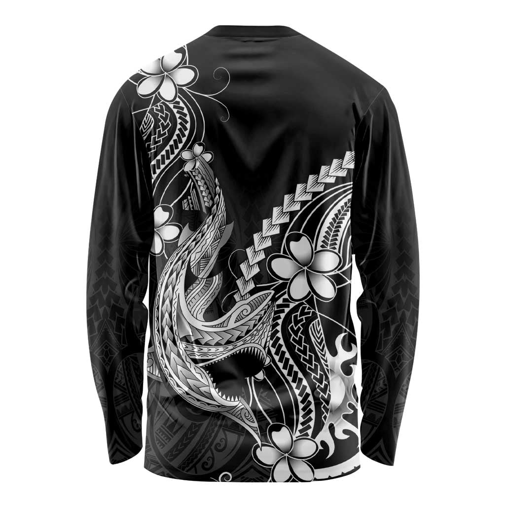 Black Aloha Hawaii Long Sleeve Shirt Polynesian Shark Tattoo With Plumeria - Polynesian Pride