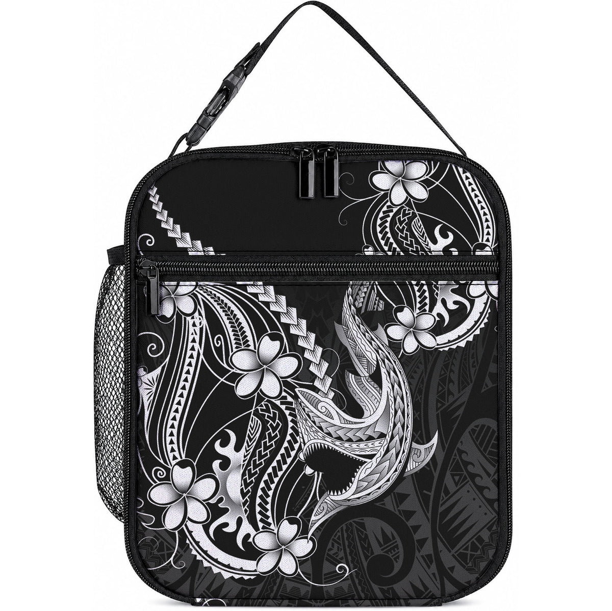 Black Aloha Hawaii Lunch Bag Polynesian Shark Tattoo With Plumeria