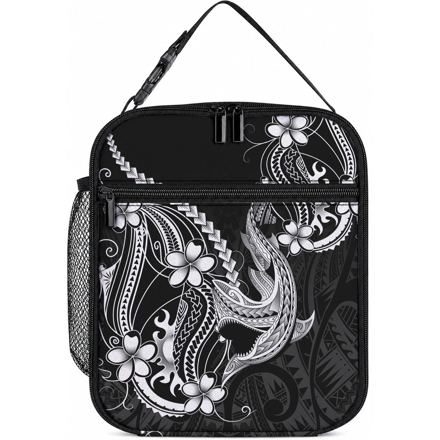 Black Aloha Hawaii Lunch Bag Polynesian Shark Tattoo With Plumeria