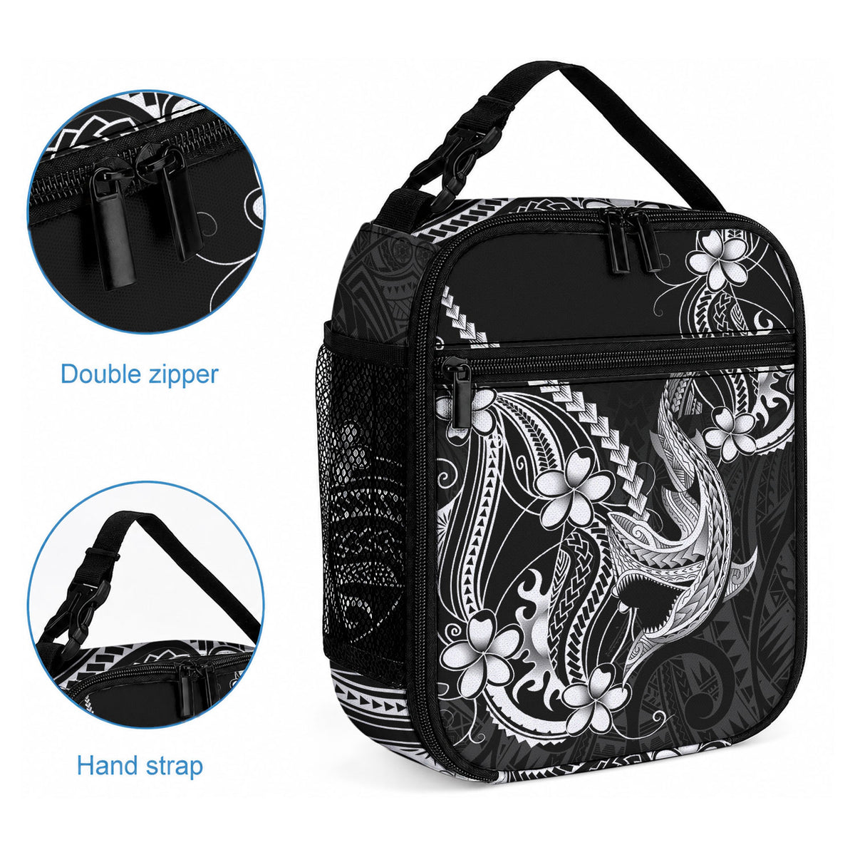 Black Aloha Hawaii Lunch Bag Polynesian Shark Tattoo With Plumeria