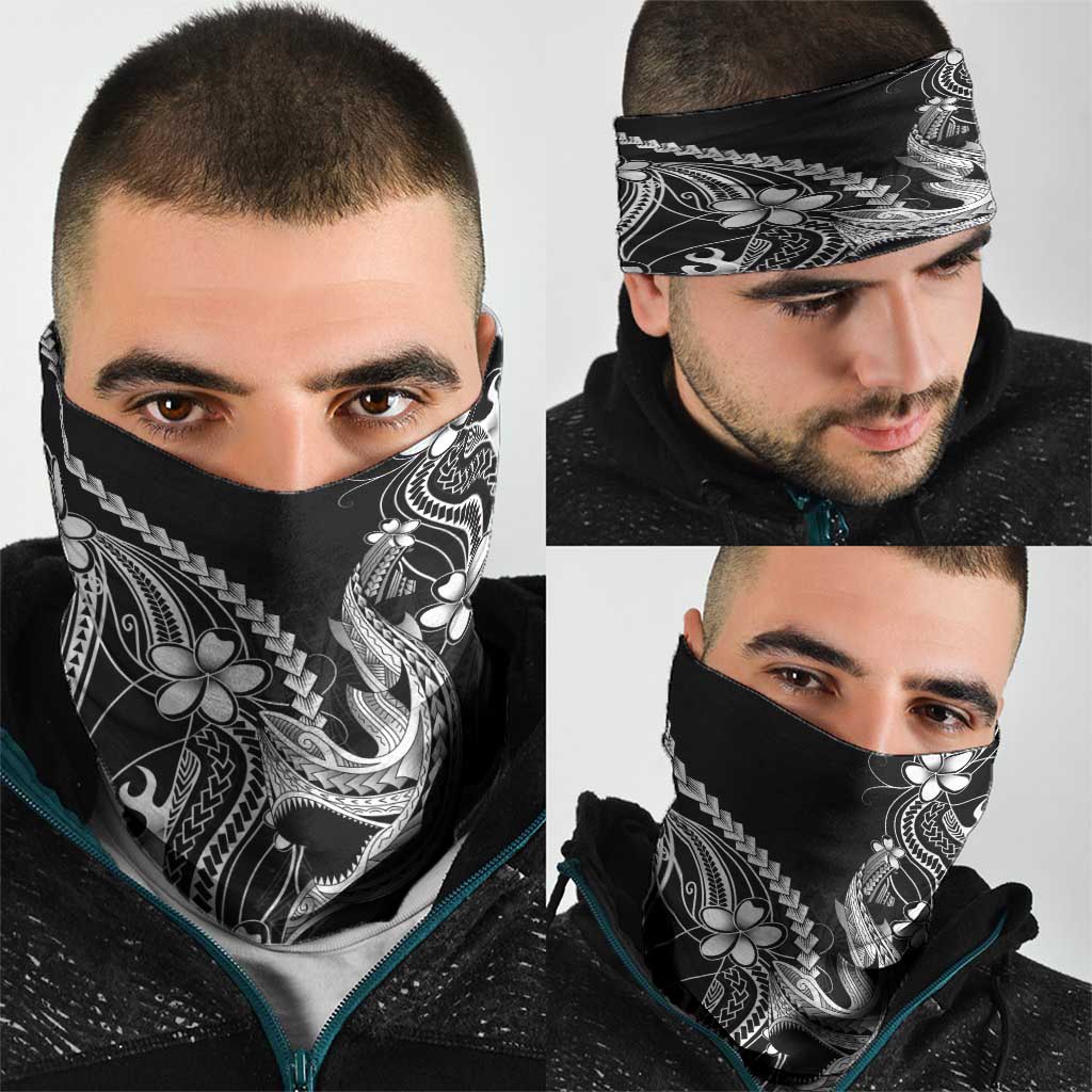 Black Aloha Hawaii Neck Gaiter Polynesian Shark Tattoo With Plumeria - Polynesian Pride