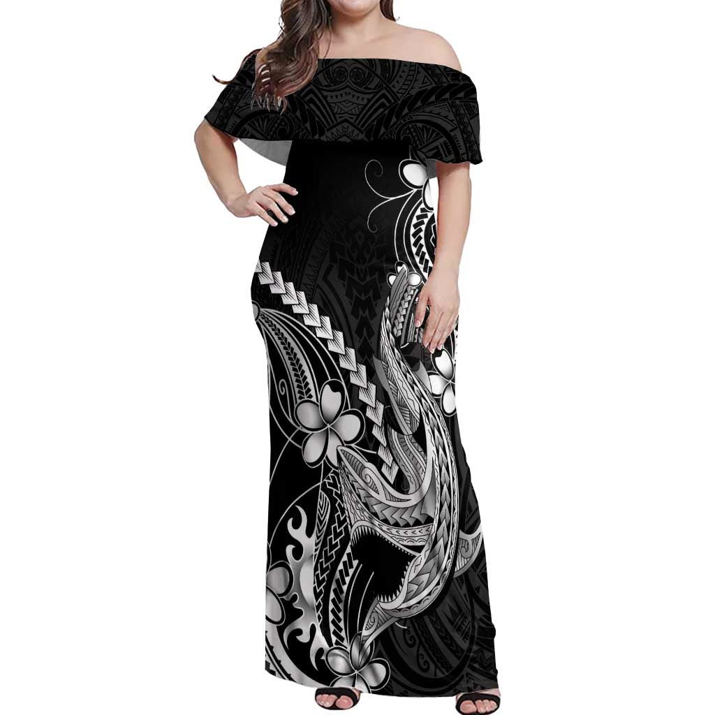 Black Aloha Hawaii Off Shoulder Maxi Dress Polynesian Shark Tattoo With Plumeria - Polynesian Pride