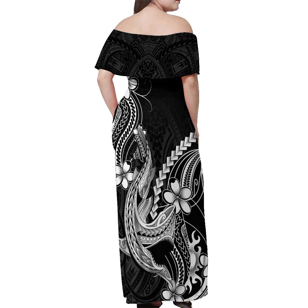 Black Aloha Hawaii Off Shoulder Maxi Dress Polynesian Shark Tattoo With Plumeria - Polynesian Pride