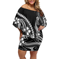 Black Aloha Hawaii Off Shoulder Short Dress Polynesian Shark Tattoo With Plumeria - Polynesian Pride