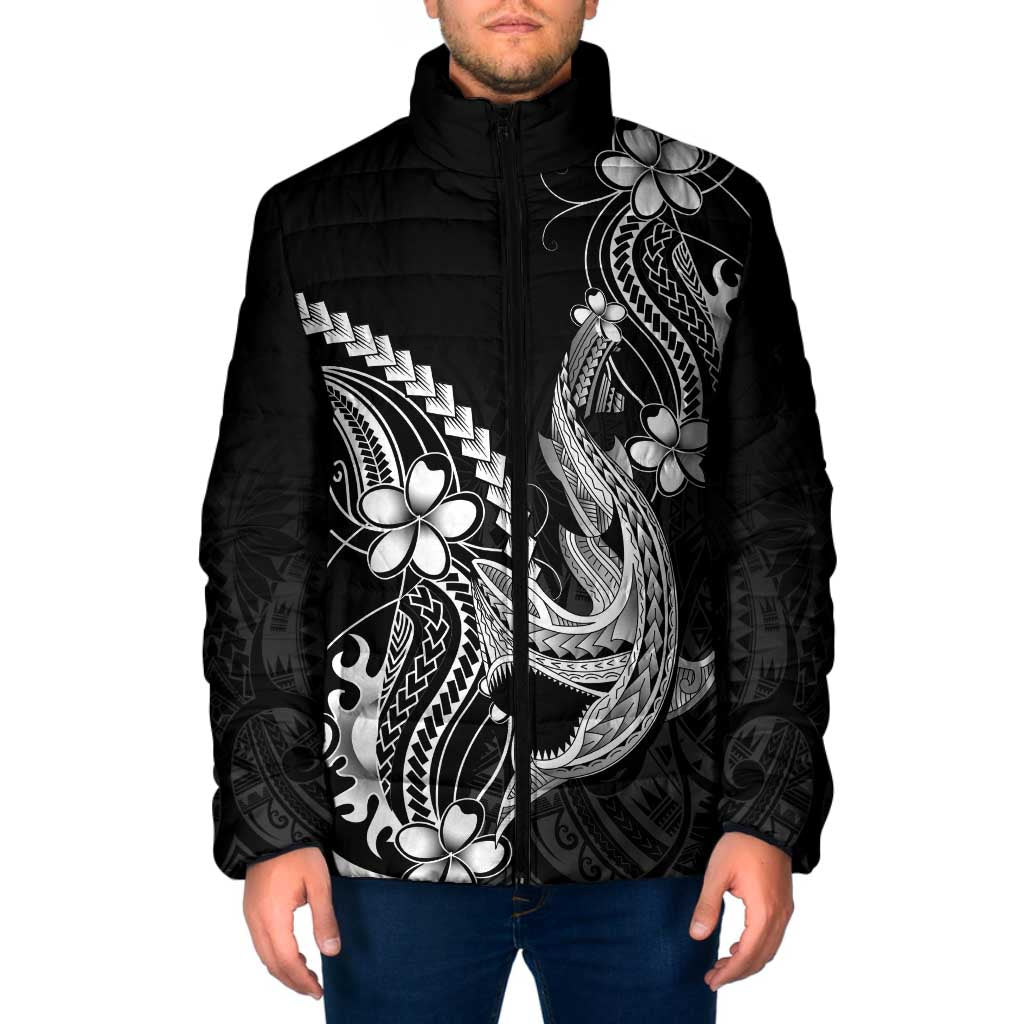 Black Aloha Hawaii Padded Jacket Polynesian Shark Tattoo With Plumeria - Polynesian Pride