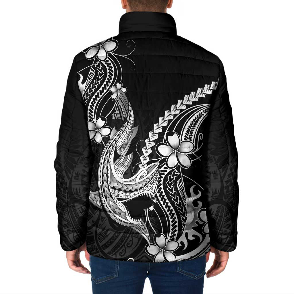 Black Aloha Hawaii Padded Jacket Polynesian Shark Tattoo With Plumeria - Polynesian Pride