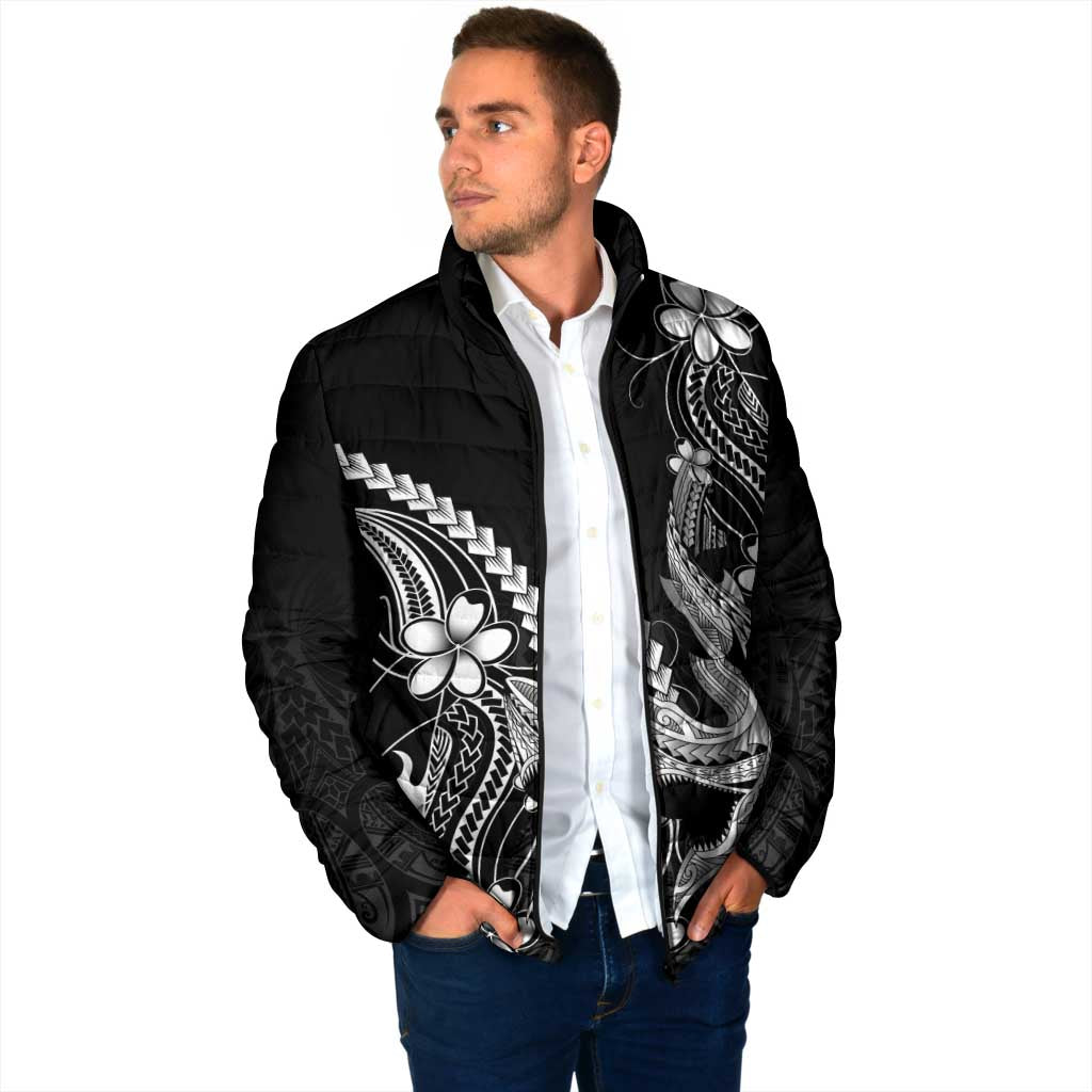 Black Aloha Hawaii Padded Jacket Polynesian Shark Tattoo With Plumeria - Polynesian Pride