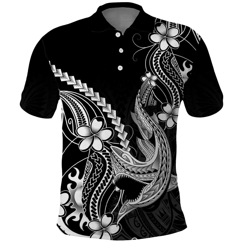 Black Aloha Hawaii Polo Shirt Polynesian Shark Tattoo With Plumeria - Polynesian Pride