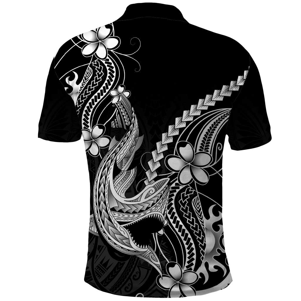 Black Aloha Hawaii Polo Shirt Polynesian Shark Tattoo With Plumeria - Polynesian Pride